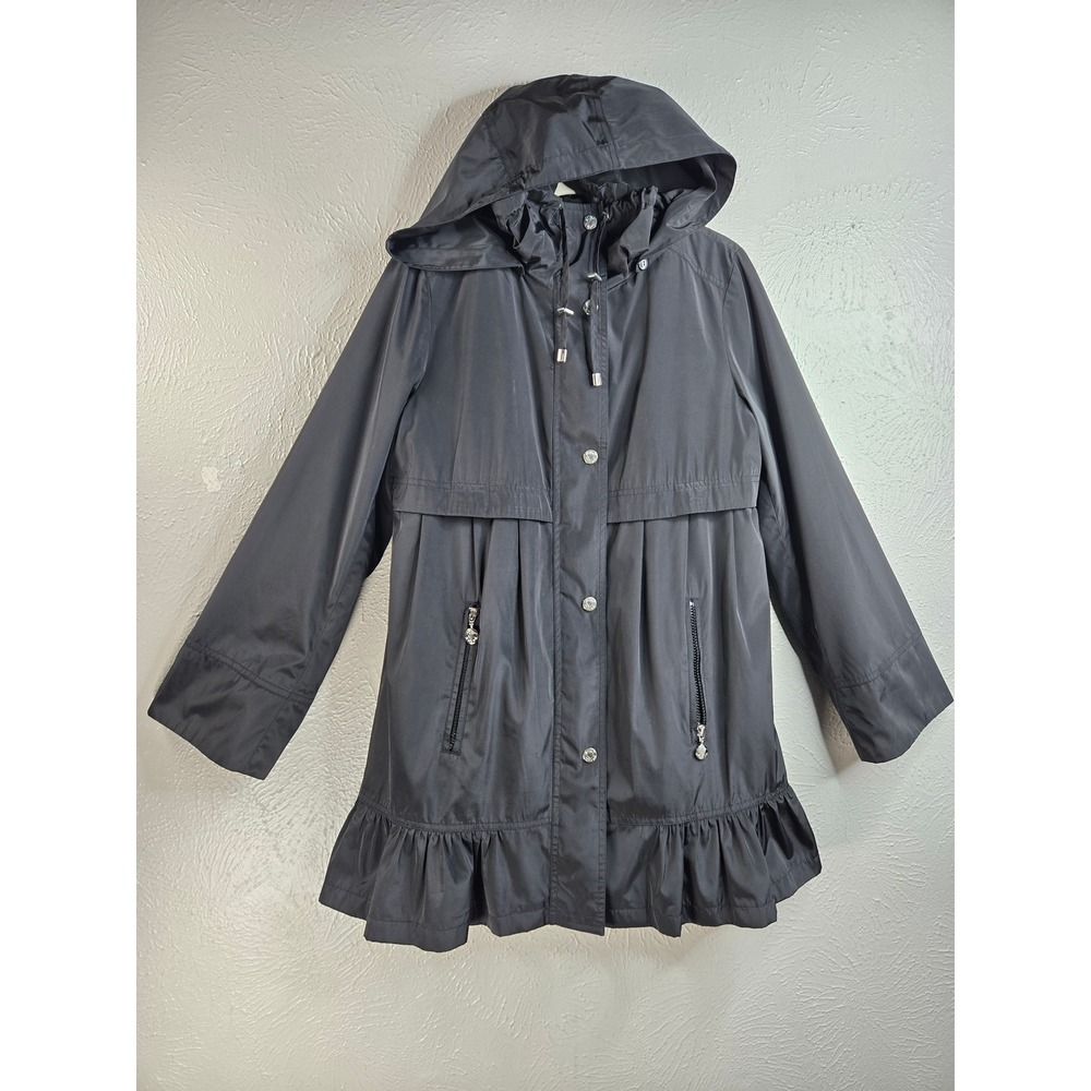 Betsey Johnson Ruffle Hem Hooded Parka Jacket M Black Faux Fur Lined Rain Coat